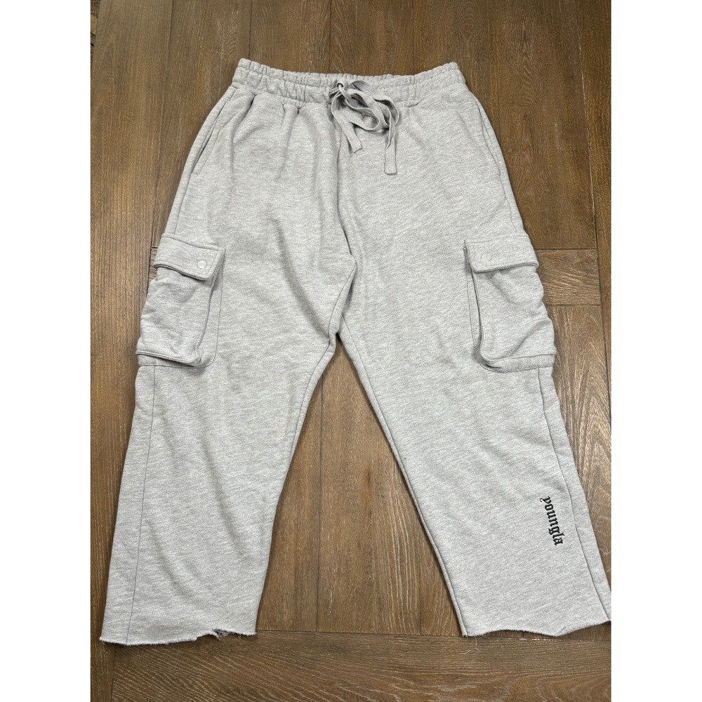 YoungLA Cargo Sweatpants Men L Gray Baggy Raw Hem Embroidered Streetwear 3232